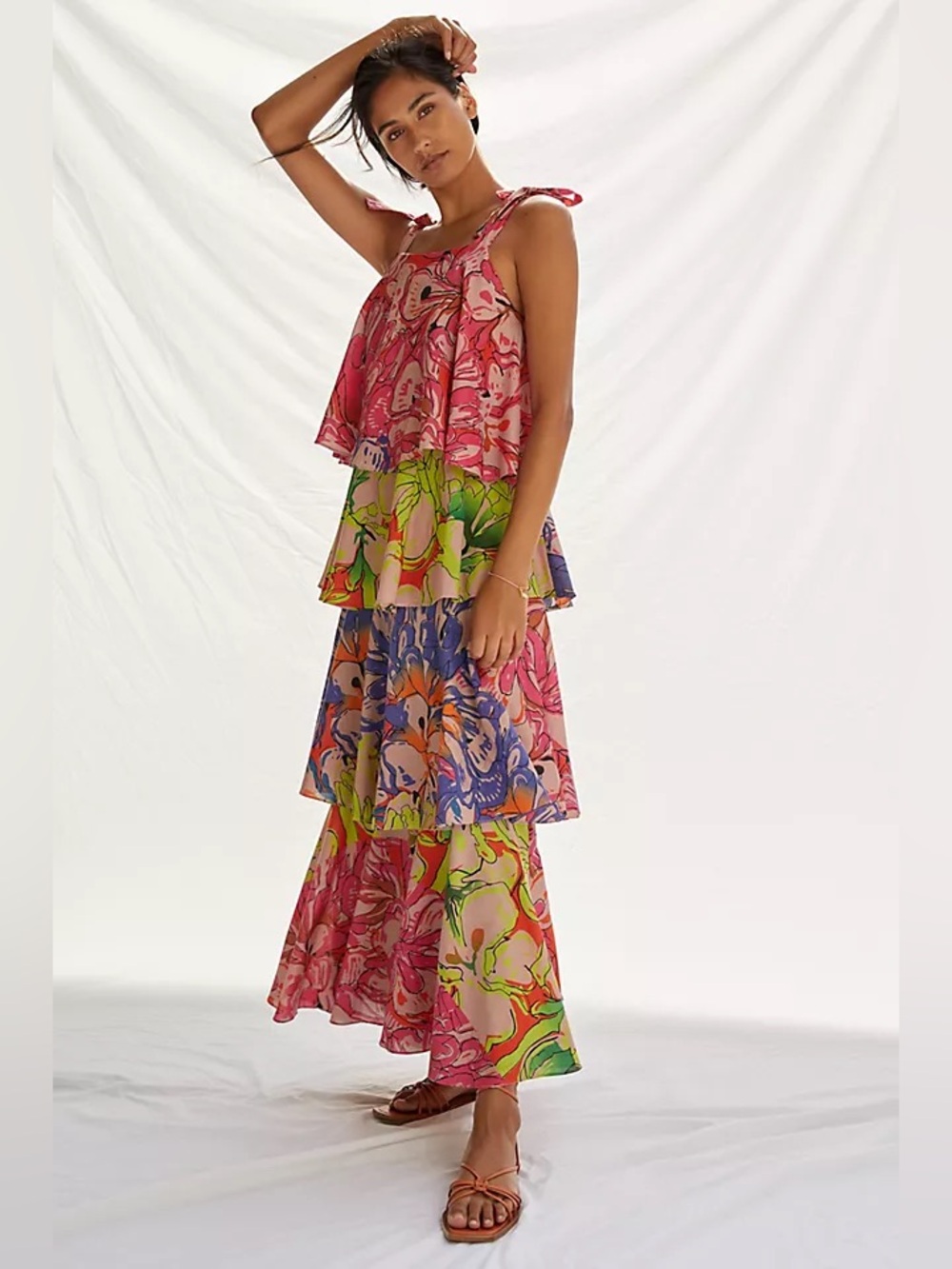 Roopa Pemmaraju Anthropologie Ruffled Floral Maxi Dress Cotton Boho Size M